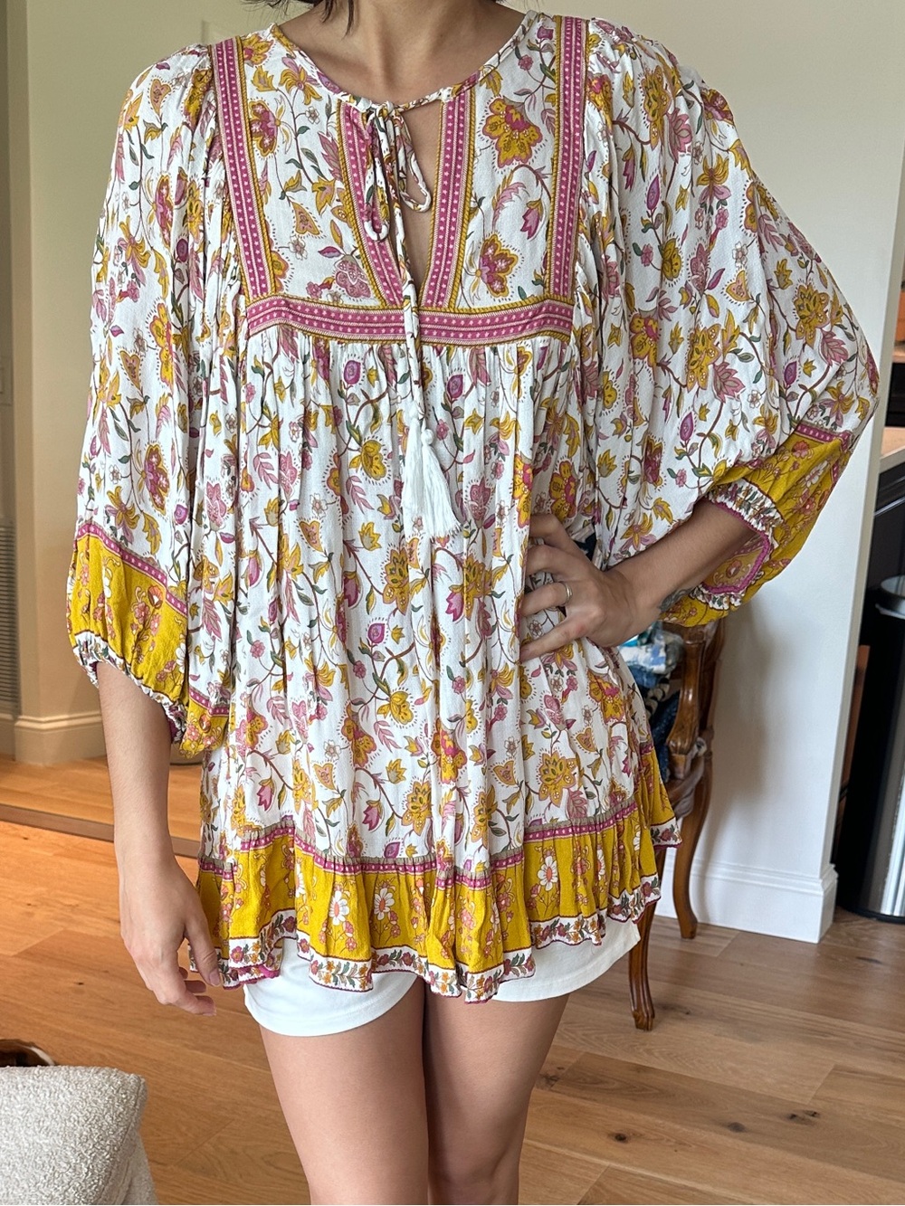 Boho Floral Peasant top in White, Mustard & Pink